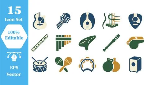 Set of musical instruments and audio gear icons with instrument, percussion Stock-Illustration