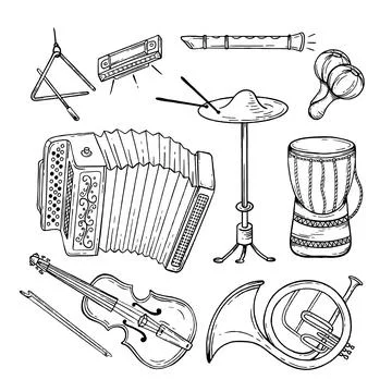 Set musical instruments hand drawn style. Vector black and white doodle Stock Illustration