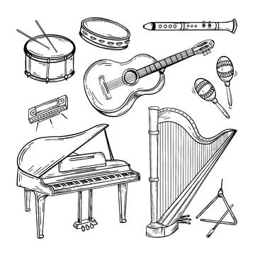 Set musical instruments hand drawn style. Vector black and white doodle Stock Illustration