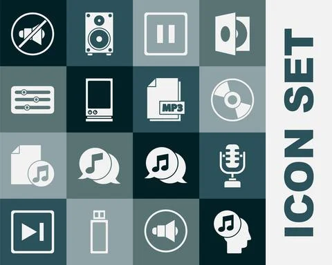 Set Musical note in human head, Microphone, CD or DVD disk, Pause button, Voice イラスト素材