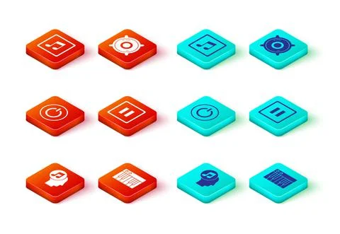 Set Musical note in human head, synthesizer, Power button, Pause, Stereo speaker Ilustração Stock