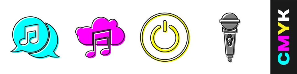 Set Musical note in speech bubble, Music streaming service, Power button and Illustrazione stock
