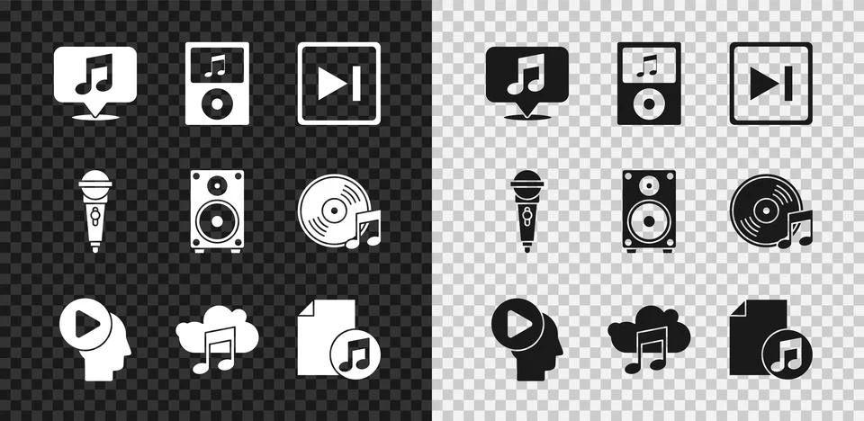 Set Musical note in speech bubble, player, Fast forward, Head people with button Stock Illustration
