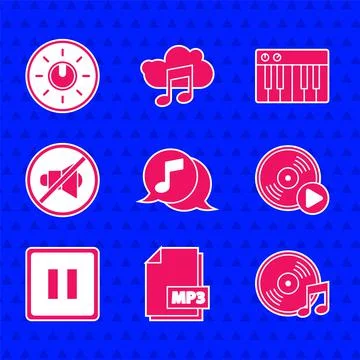 Set Musical note in speech bubble, MP3 file document, Vinyl disk, Pause button Stock Illustration