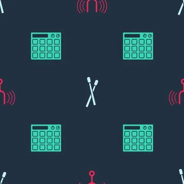 Set Musical tuning fork, Drum sticks and machine on seamless pattern. Vector Illustrazione stock