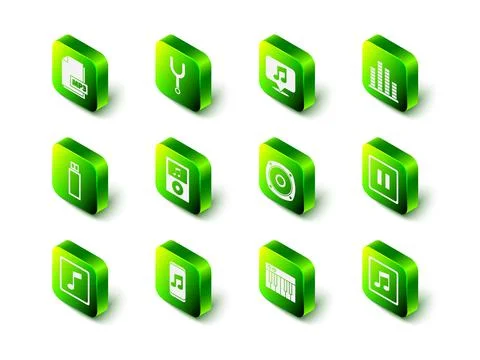 Set Musical tuning fork, note speech bubble, equalizer, Pause button, note, tone Illustrazione stock