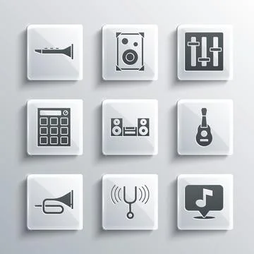 Set Musical tuning fork, note, Guitar, Home stereo, Trumpet, Drum machine, .. Stock Illustration