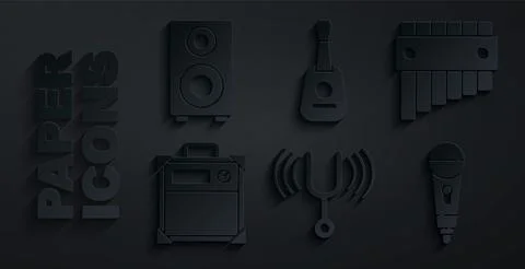 Set Musical tuning fork, Pan flute, Guitar amplifier, Microphone, and Stereo Ilustração Stock