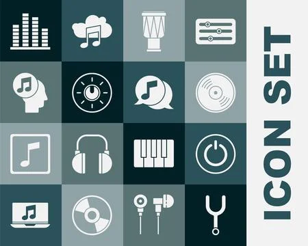 Set Musical tuning fork, Power button, Vinyl disk, Drum, Dial knob level tech Ilustración de archivo