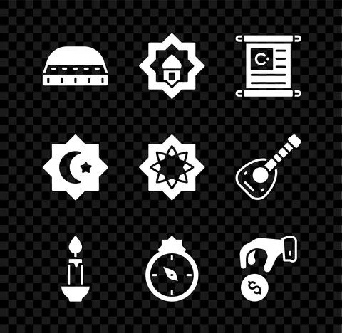 Set Muslim hat for prayer, Mosque, Holy book of Koran, Burning candle, Qibla Stock Illustration