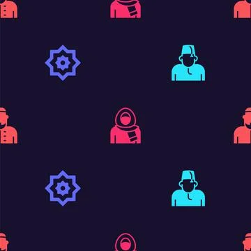 Set Muslim man, Octagonal star, woman in hijab and on seamless pattern. Vector Stock Illustration