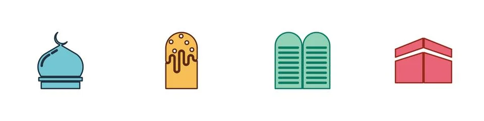 Set Muslim Mosque, Easter cake, The commandments and Kaaba mosque icon. Vector Stock Illustration
