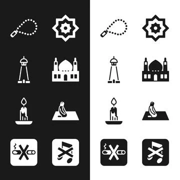 Set Muslim Mosque, tower or minaret, Rosary beads religion, Octagonal star Stock Illustration