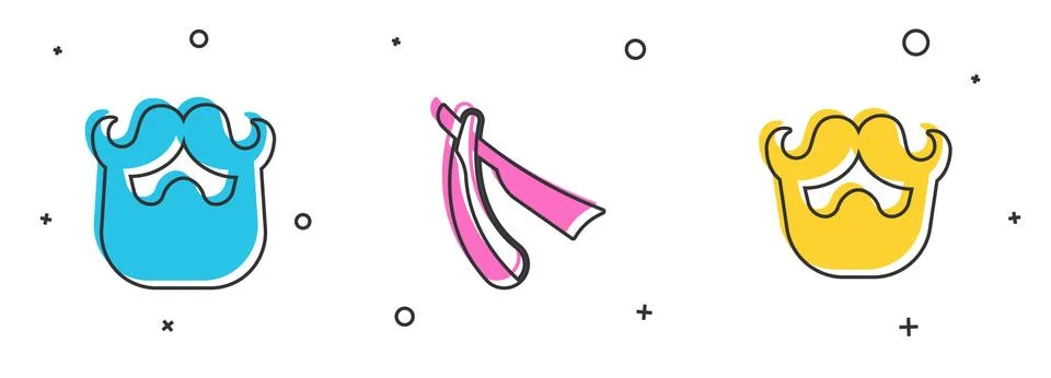 Set Mustache and beard, Straight razor and  icon. Vector Stock Illustration