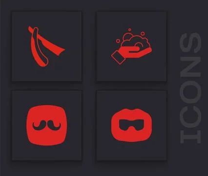 Set Mustache and beard, Straight razor, Shaving foam on hand and Barbershop icon Stock Illustration