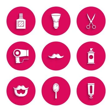 Set Mustache Hand mirror Cream lotion cosmetic tube Shaving gel foam beard Ha Illustrazione stock