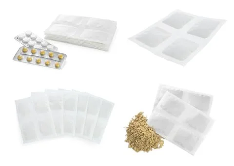 Set with mustard plasters on white background Stock Photos