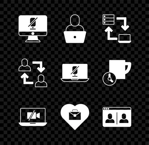 Set Mute microphone on computer, Freelancer, Online working, Video camera Off Stockillustratie