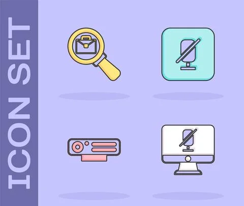 Set Mute microphone on computer, Magnifying glass with briefcase, Web camera and Stock-Illustration