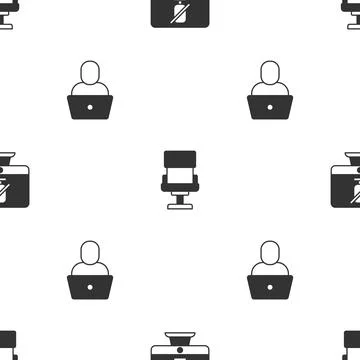Set Mute microphone on computer, Office chair and Freelancer on seamless pattern Illustrazione stock