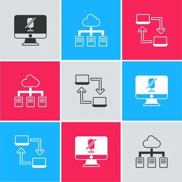 Set Mute microphone on computer, Online working and icon. Vector Illustrazione stock