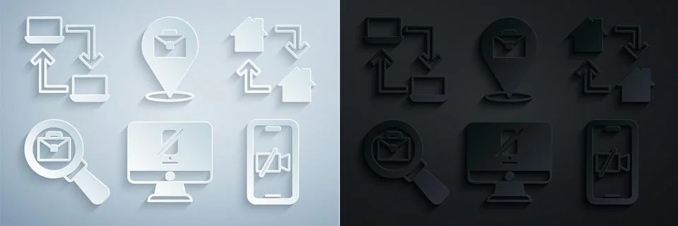 Set Mute microphone on computer, Online working, Magnifying glass with briefcase Stock-Illustration