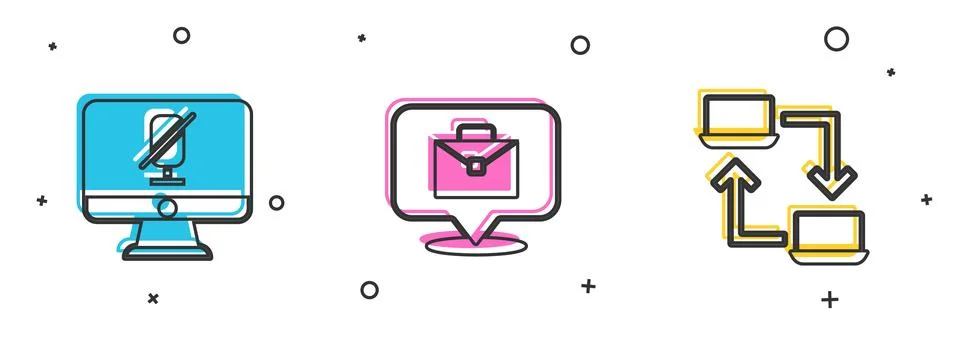 Set Mute microphone on computer, Online working and icon. Vector Illustrazione stock
