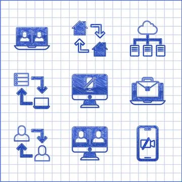 Set Mute microphone on computer, Video chat conference, camera Off mobile Stock Illustration