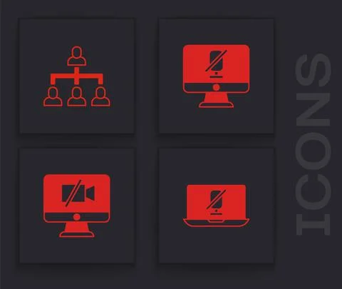 Set Mute microphone on laptop, Hierarchy organogram chart, computer and Video Illustrazione stock