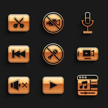 Set Mute microphone, Play button, Music player, Online video, Speaker mute Stock Illustration