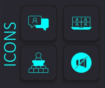 Set Mute microphone, Speech bubble chat, Video conference and Speaker icon Ilustração Stock