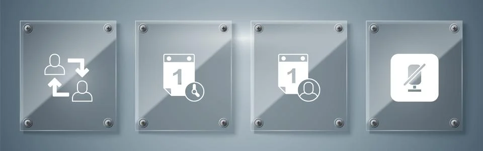 Set Mute microphone, Time management, and Project team base. Square glass panels 스톡 일러스트