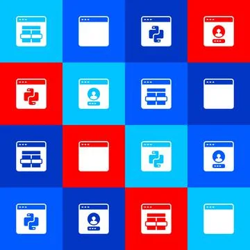 Set MySQL code, Browser window, Python programming language and Create account Stock Illustration