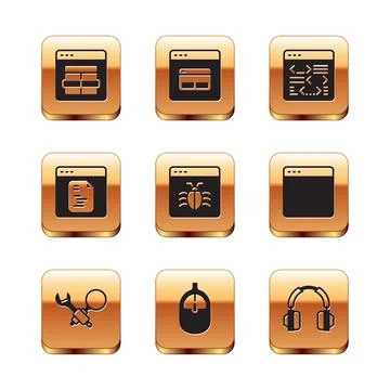 Set MySQL code, Debugging, Computer mouse, System, Software, Headphones and Stock Illustration