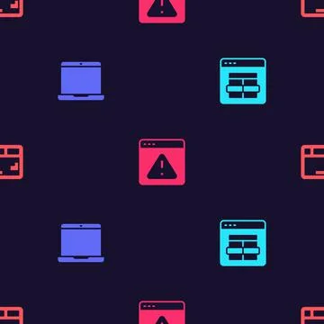 Set MySQL code, Laptop, Browser with exclamation mark and Keyboard on seamless Stock Illustration