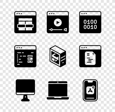 Set MySQL code, Online play video, Binary, Computer monitor screen, Laptop Stock Illustration