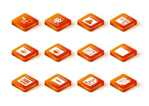 Set MySQL code, Search engine, System bug, Software, Flowchart, Clipboard wit Illustrazione stock