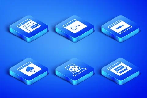 Set MySQL code, Software, Hacker or coder, Cloud technology data transfer, and Stock Illustration