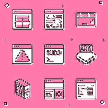 Set MySQL code, Software, Keyboard, Browser with exclamation mark, Code terminal Stock Illustration