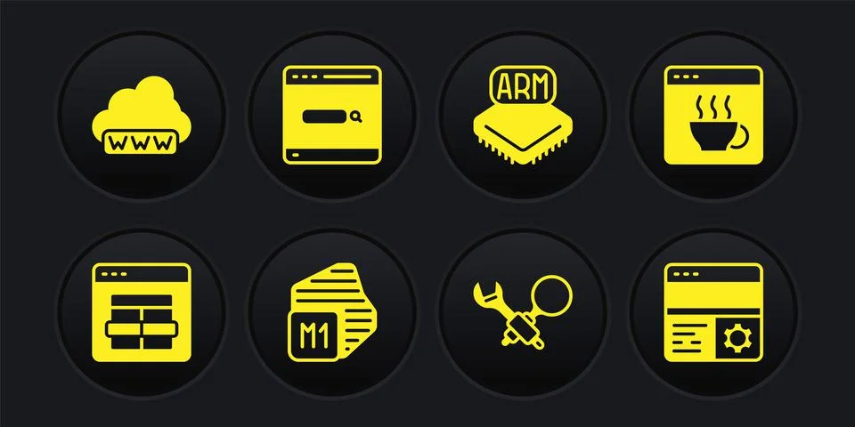 Set MySQL code, Software, Processor, Debugging, Search engine, and Web Stock Illustration