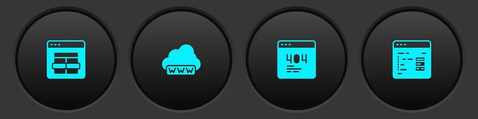 Set MySQL code, Web development, Page with a 404 error and Software icon. Vector Stock Illustration