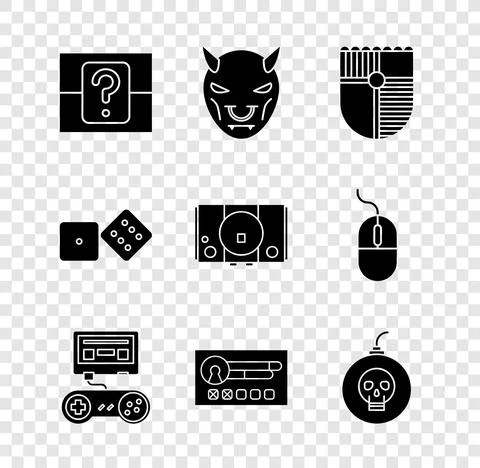 Set Mystery or random box, Mask of the devil with horns, Shield for game, Game Illustrazione stock