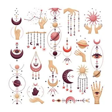 The set of mystical astrological vector illustration. Magic symbols. Zodiac.  Stock Illustration