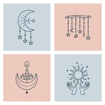 Set of mystical astrological vector illustrations. Magic symbols. Zodiac. Ast 스톡 일러스트