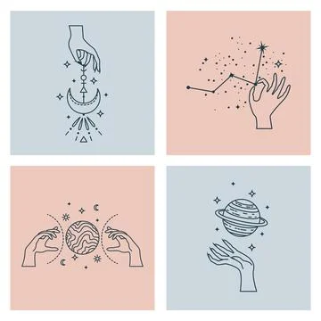 Set of mystical astrological vector illustrations. Magic symbols. Zodiac. Ast Stock Illustration