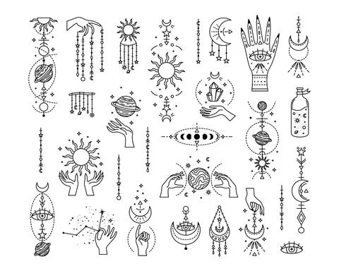 Set of mystical astrological vector illustrations. Magic symbols. Zodiac. Ast Stock Illustration