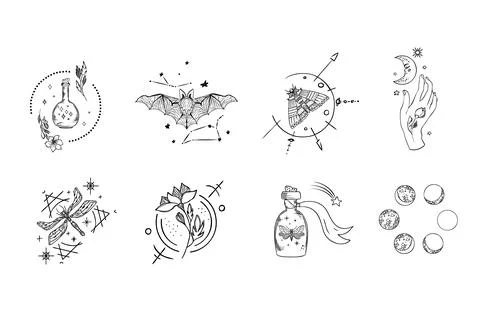 Set of mystical composition vector line art illustration with magic elements Stock Illustration