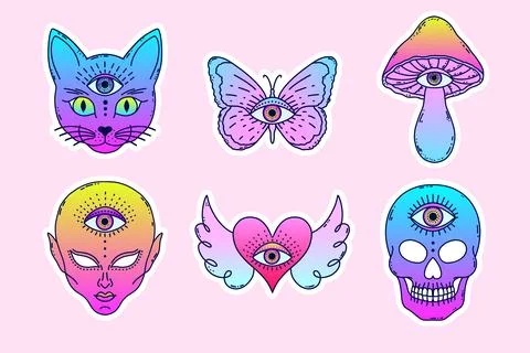 Set of mystical third eye stikers with cat, butterfly, mushroom, alien, hea.. Stock Illustration