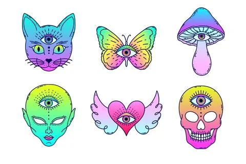 Set of mystical third eye vector with cat, butterfly, mushroom, alien, hear.. Stock Illustration