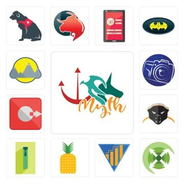 Set of myth, extend, yield, pinapple, zipper, honey badger, output, photograp Illustrazione stock gratuita